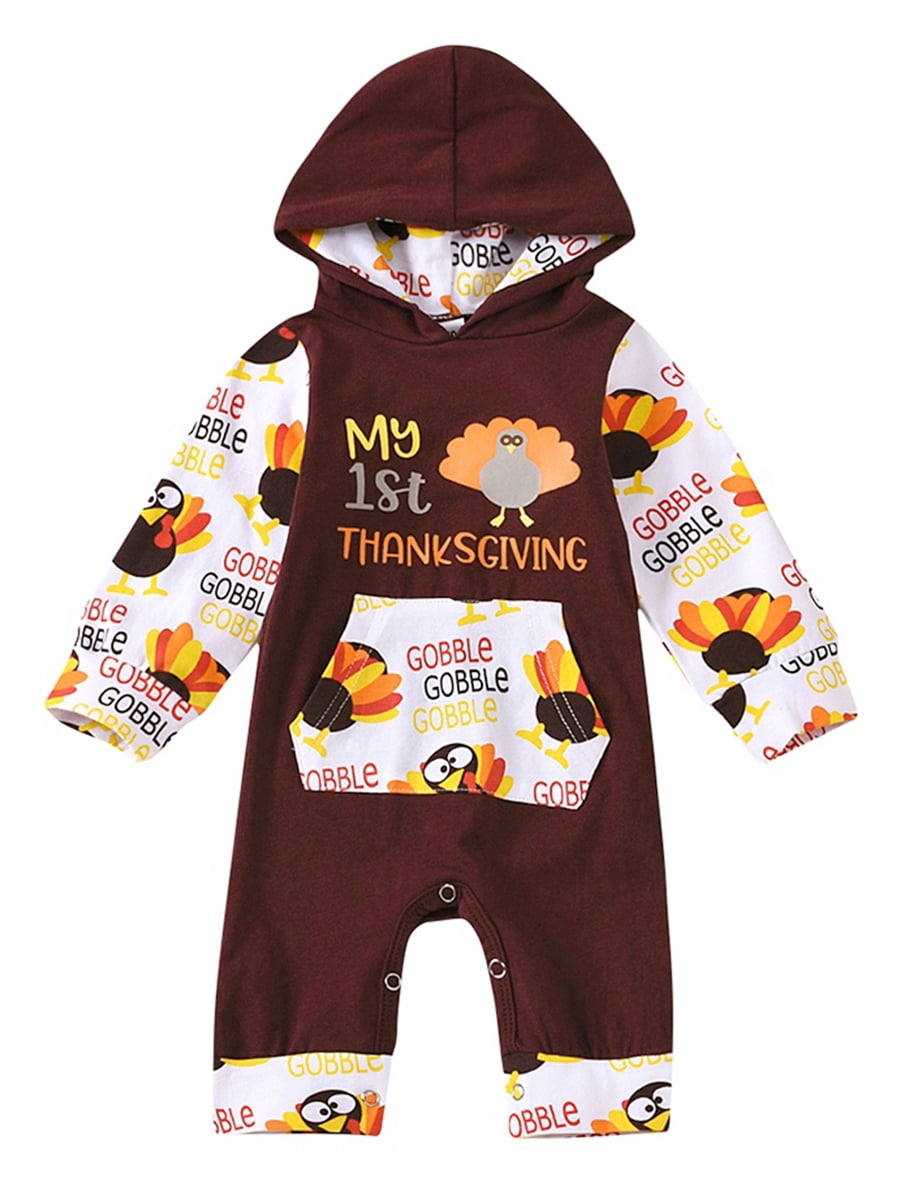 Baby Thanksgiving Outfit First Thanksgiving Turkey Hooded Romper Onesie One-Piece Jumpsuit for Toddler Boys Girls 