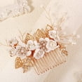 thumbnail image 3 of MIALLO White Fabric Flower Hair Comb, Golden Leaf Boho Bridal Hairpiece with Faux Pearls for Wedding, 3 of 7