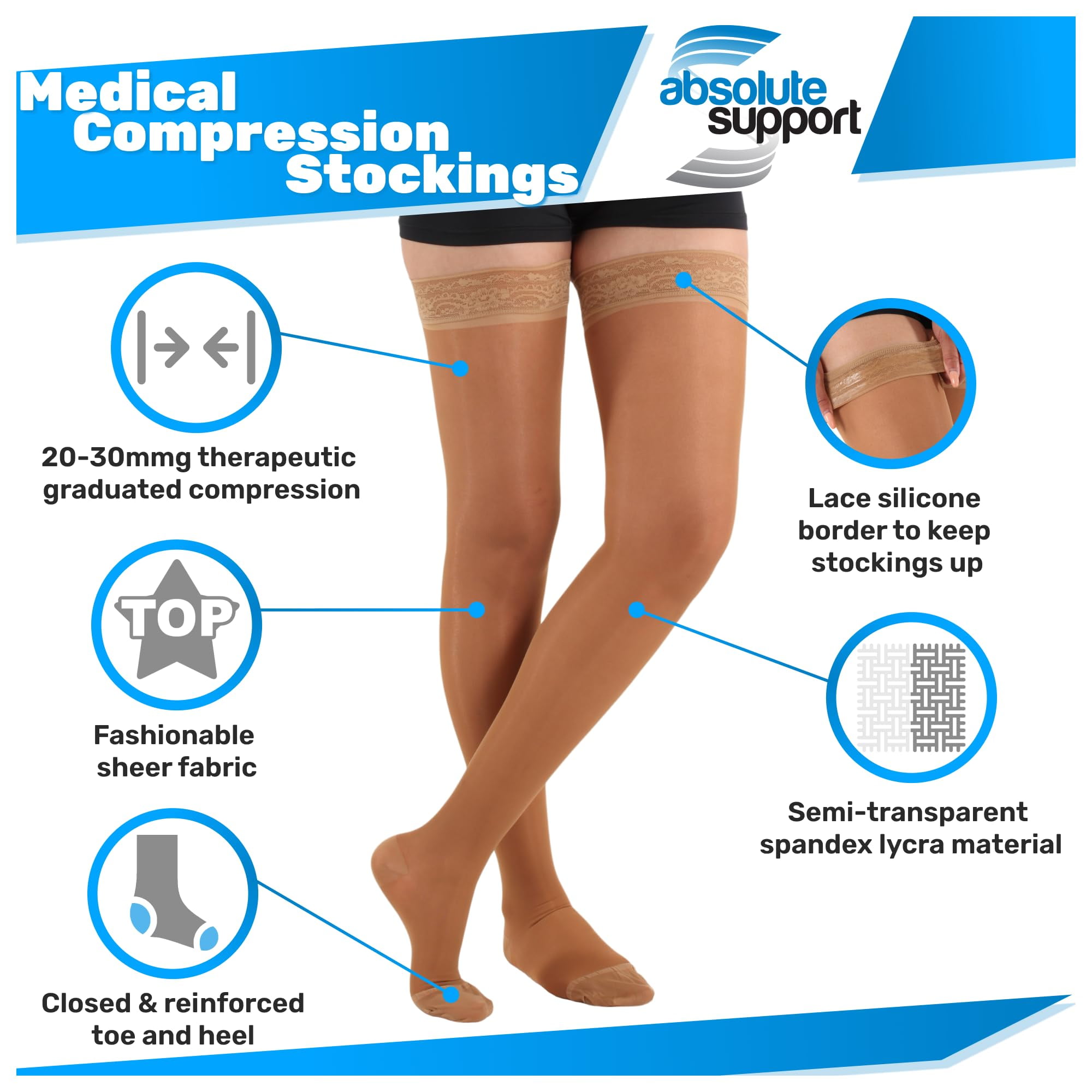 Made in USA Wide Calf Support Thigh High for Women 20-30mmHg Beige 3X-Large