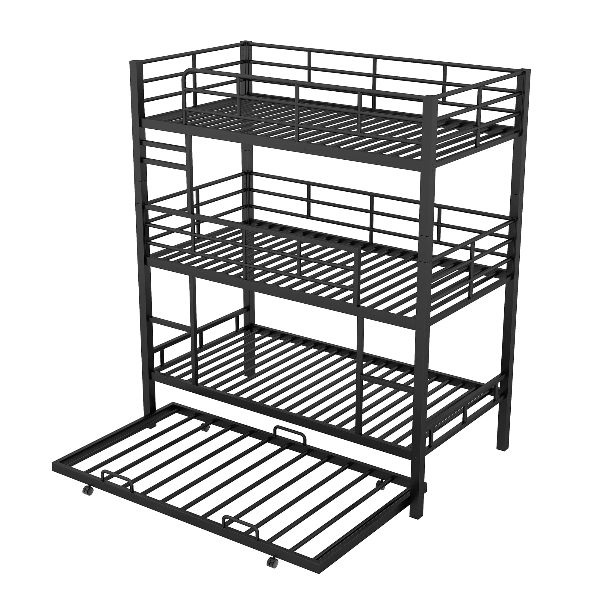 Euroco Metal Twin Triple Bunk Bed with Trundle, Convertible 4 Beds in One Bunk for Kids Teens, Black