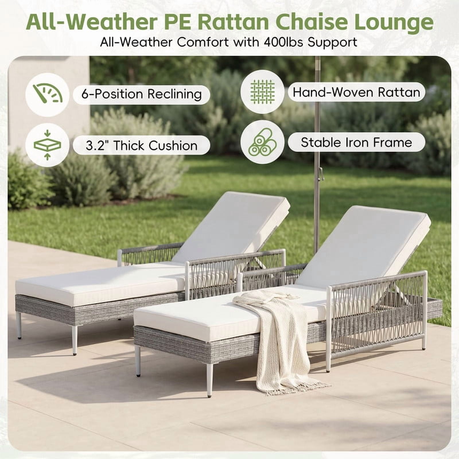 Howcool Outdoor All-Weather PE Rattan Chaise Lounge,Hand-Woven Wicker Patio Recliner with 6 Adjustable Positions, Armrests, Thick Cushion & Removable Cover,400 lbs Capacity,Gray