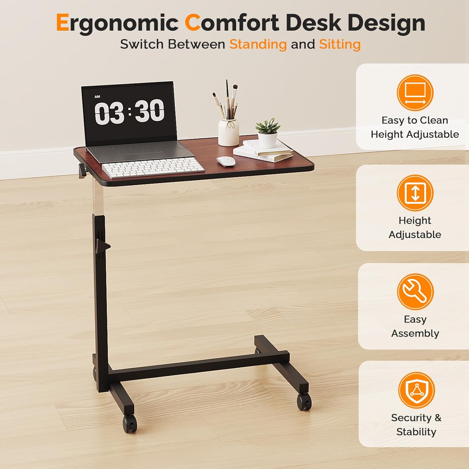 Yunken 23.6 Inch Adjustable Rolling Laptop Desk, Tilting Desktop, Mobile Sit Stand Workstation for Bed Sofa Hospital Reading Eating, (Brown)