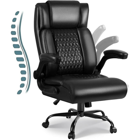 LEMBERI 400lbs Big and Tall Executive Office Chair for Adult, Ergonomic High Back Leather Computer Gaming Desk Chair with Lumbar Support, Flip-up Arms (Black)