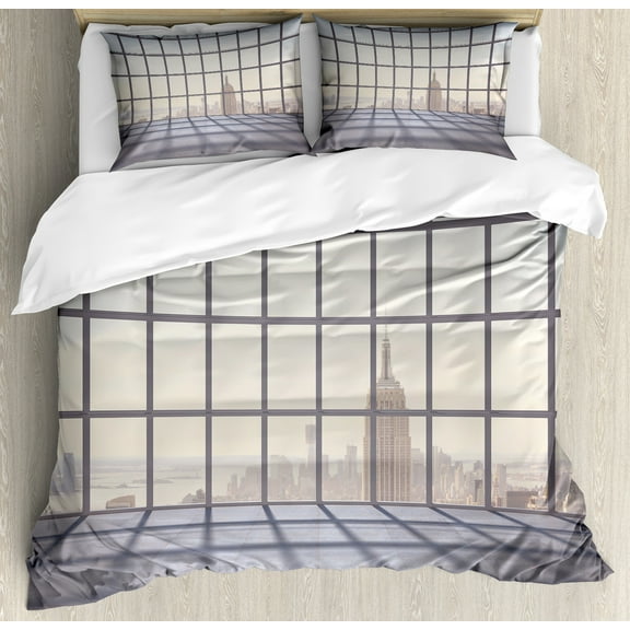 Modern Duvet Cover Set, Big Office Windows Lattice Square Lines Apartment Urban City Skyscapers Print, Decorative 3 Piece Bedding Set with 2 Pillow Shams, Queen Size, Pale Purple Beige, by Ambesonne