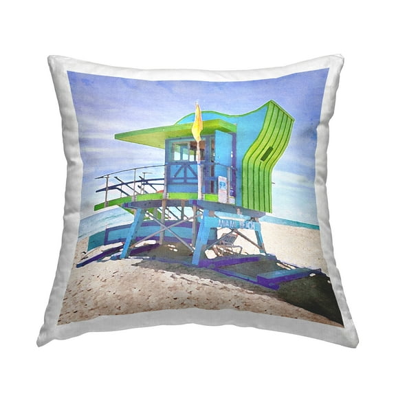 Stupell Industries Green & Blue Lifeguard Hut Square Decorative Printed Throw Pillow, 18 x 18