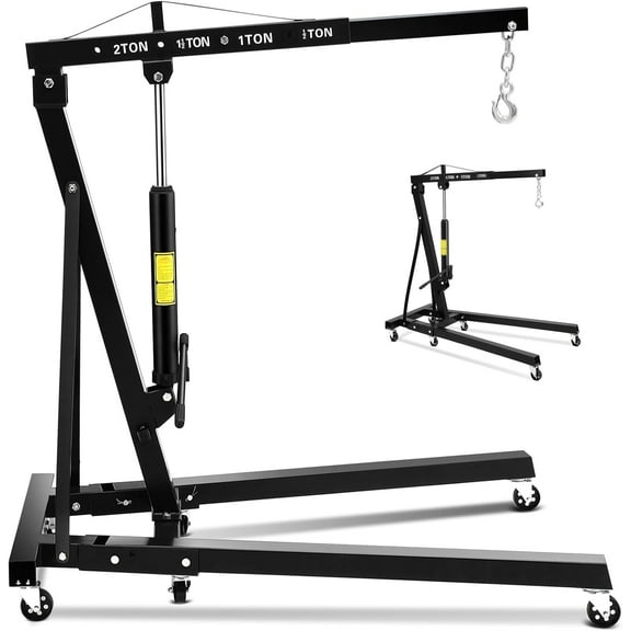 2 Ton Folding Hydraulic Engine Hoist (4,400 Lb) Cherry Picker Shop Crane with Telescopic Boom & 6 Swivel Casters, Portable Heavy-Duty Engine Lift for Garage, Workshop, Auto Repair, Warehouse-Black