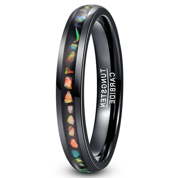 4mm Unisex Black Tungsten Rings Inlaid with Crushed Created-Opal Wedding Engagement Band