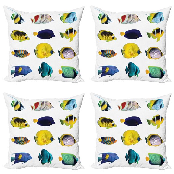 Ambesonne Fish Throw Pillow Cover 4 Pack, Collage of Sea Animals, 18", Multicolor