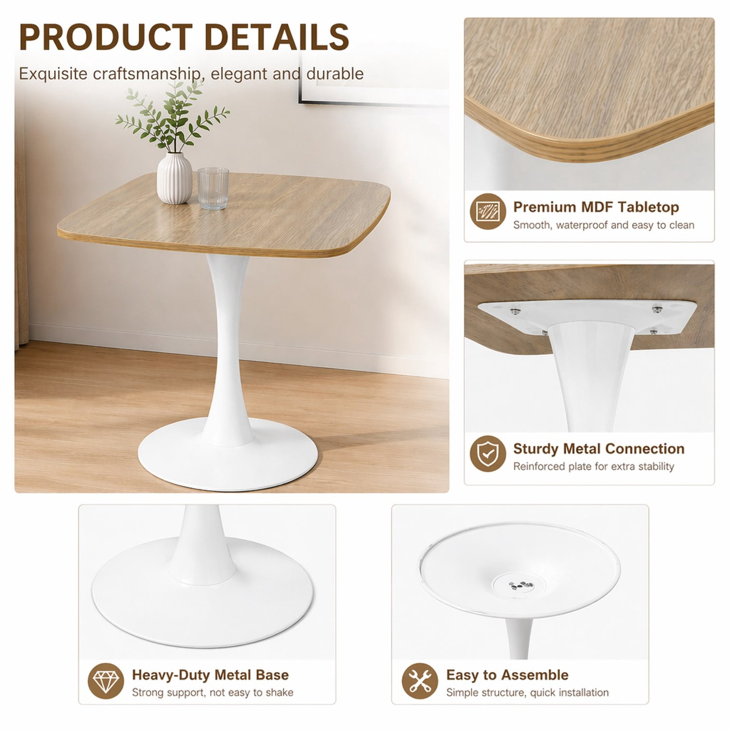 Square Dining Table, 24" Square Tulip Table with MDF Tabletop & Matte White Metal Pedestal Base,Mid Century Modern Bistro Table for Kitchen, Small Places, Living Room, Cafe
