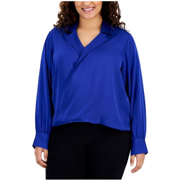Calvin Klein Womens Faux-Wrap Wrap Blouse, blue, Plus Size, 3X