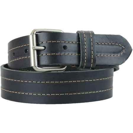Leather Double Snap Belt - 1-1/2 in. US Steer Hide Leather Double Stitch Men's Belt w/ Antq.Nickel Roller Buckle