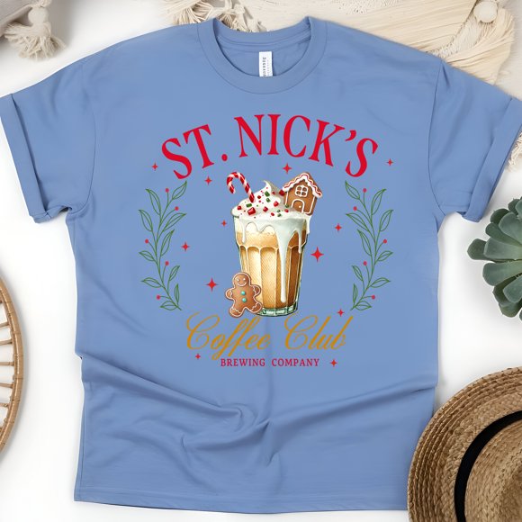 St. Nick’s Coffee Club Shirt | Festive Gingerbread Latte Christmas Tee, CarolinaBlue, Size S