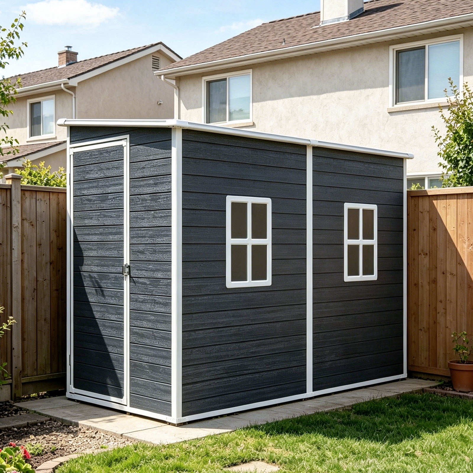 IMagacFun 4x8 Resin Outdoor Storage Shed Waterproof Tool Shed Heavy Duty Plastic Shed with Floor and Window for Garden Patio Backyard Black