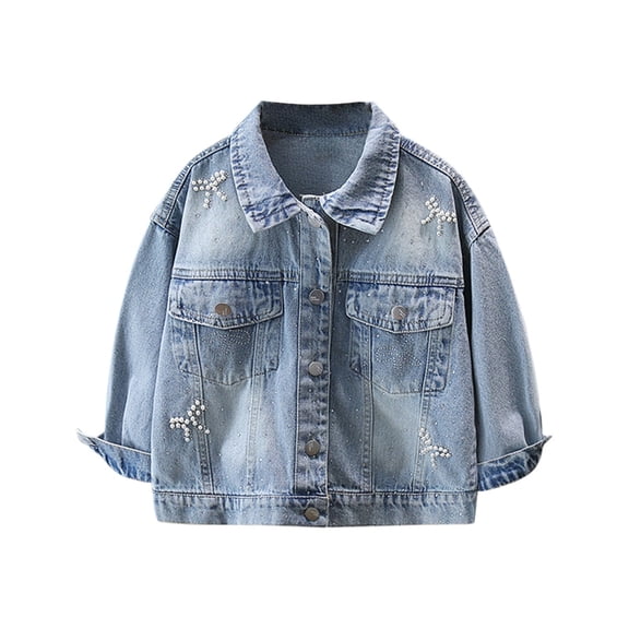 XXWXYD Children Girls Beaded Denim Jacket Button Down Collared Long Sleeve Pearl 𝖤mbellished Y2𝖪 Classic Outerwear Jeans Coat