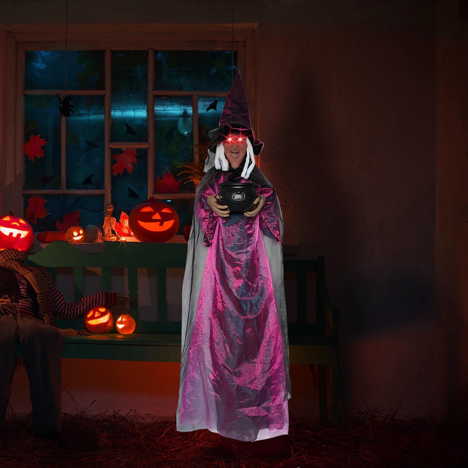 Halloween Animatronics Witch Clearance, Voice Activated Purple Escape Haunt Halloween House Decor & Fright Fest Prop, Life Size Animated Halloween Decoration Outdoor