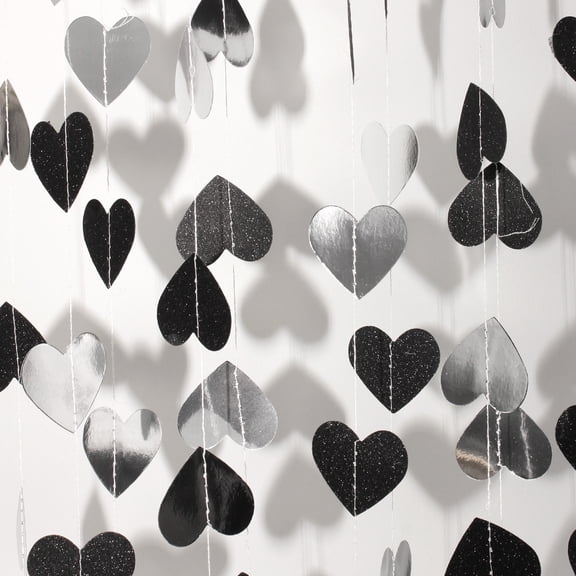 5 Pcs Black Silver Heart Streamers Garland, 65Ft Glitter and Mirror Hanging Paper Banners Backdrop for Valentine's Day Wedding Birthday Party Graduation Decorations