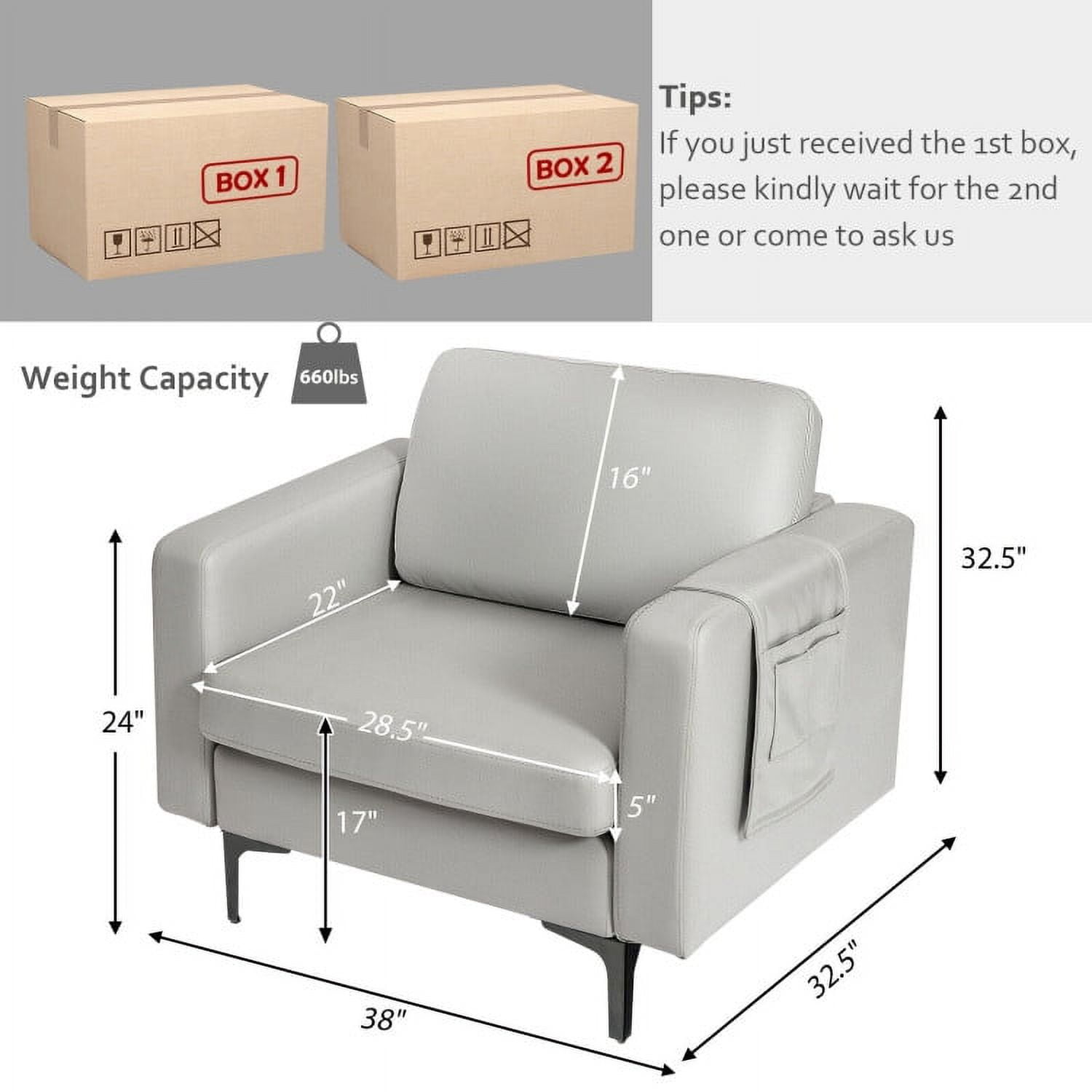 Finihen Upholstered Accent Armchair, Modern Accent Armchair with Side Storage Pocket, for Living Room, Bedroom, Light Gray