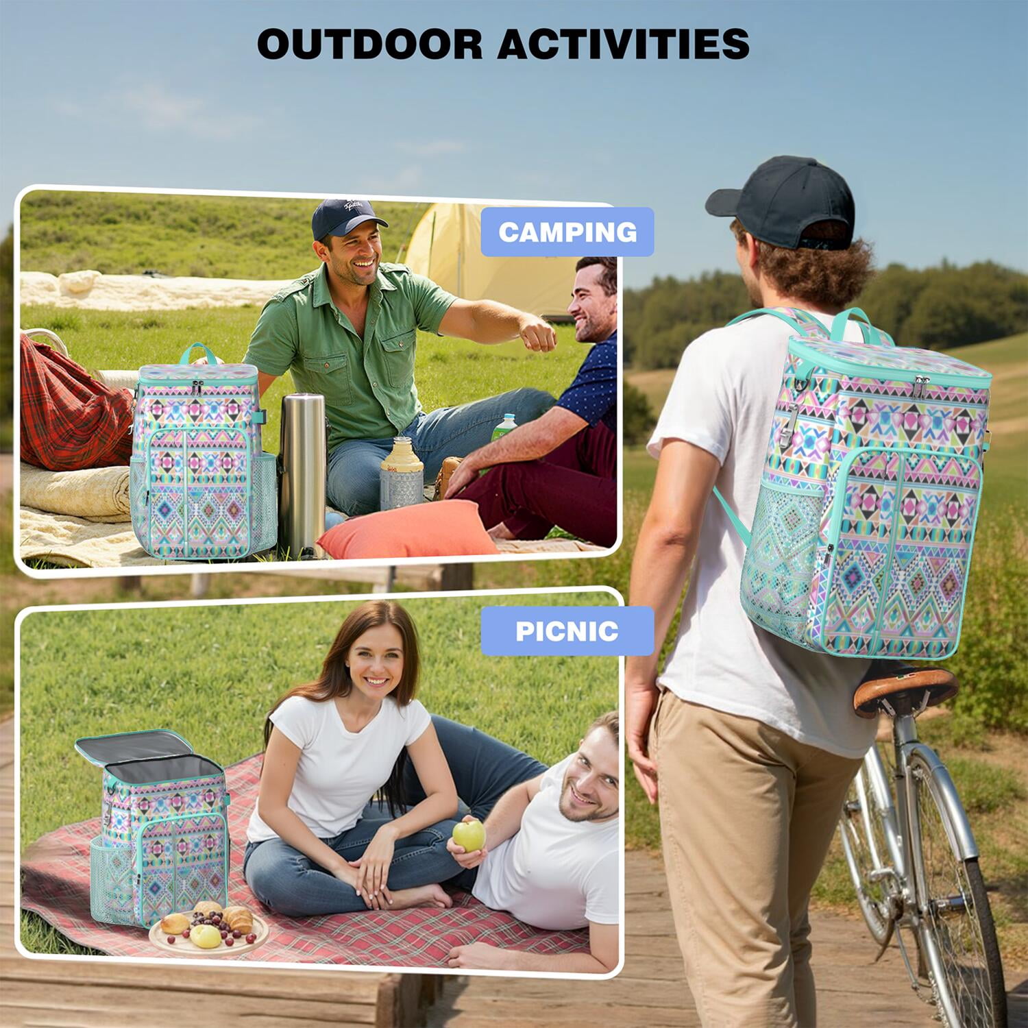 Travel Cooler Bag - Boho Bohemia Pioneer Flower Geometric Line Art Camping Beer Cooler Backpack with Bottle Opener- Waterproof Insulated Picnic Backpacks - Cooler Bag for Beach