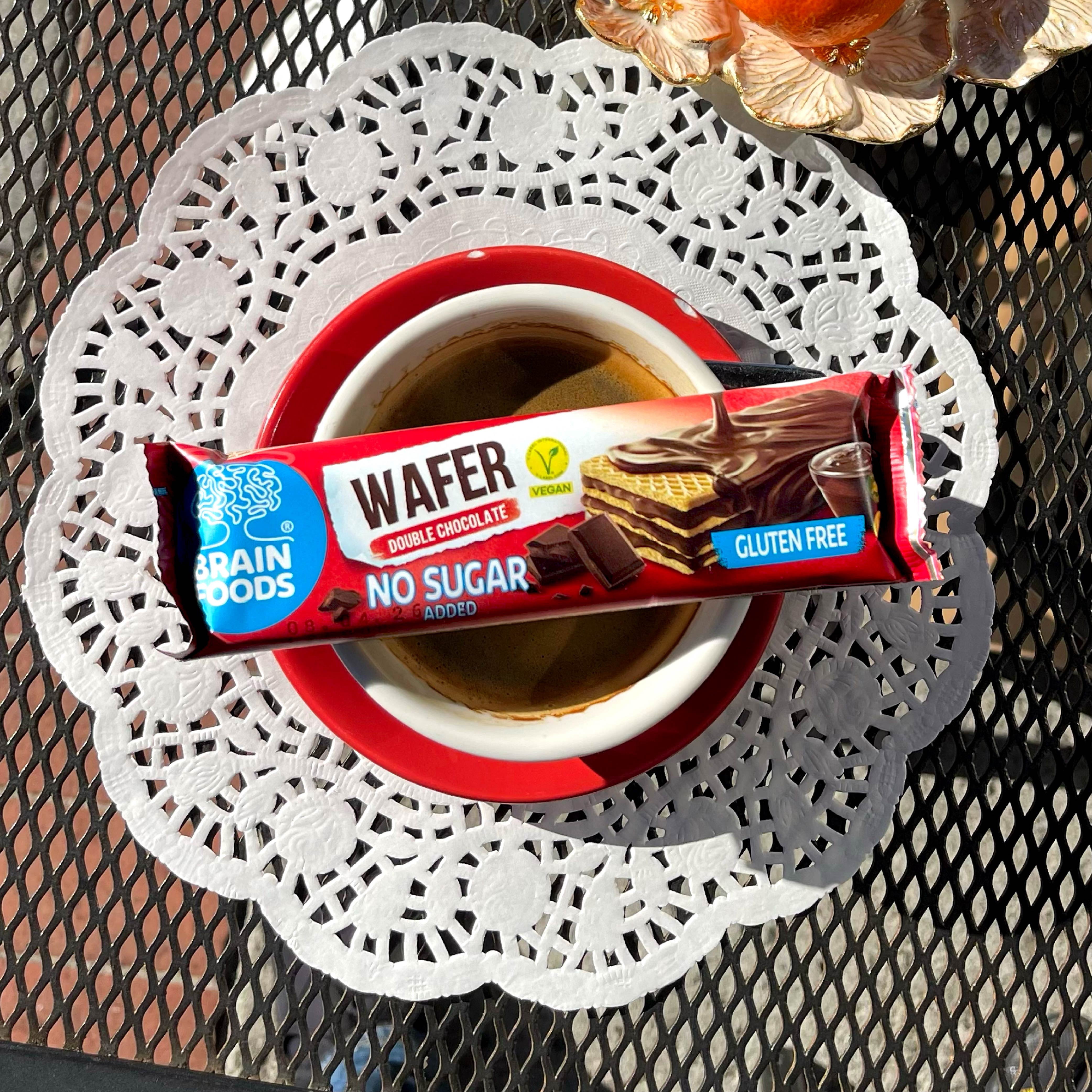 BRAIN FOODS Gluten Free Vegan Double Chocolate Wafers -  12 Bars, No Sugar Added, High Fiber, No Palm Oil, 1.4 oz, 170 Calories, Guilt Free Snack, Natural Chocolate Flavor