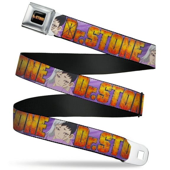 Crunchyroll Belt, Seatbelt Buckle Belt, Dr Stone Title Logo and Gen Asagiri Face Purples, 30 to 44 Inches