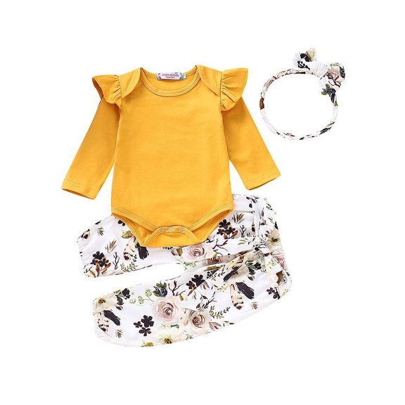 KidPika Baby Girl Floral Shirt Romper Pants Headband, 3-Piece Set