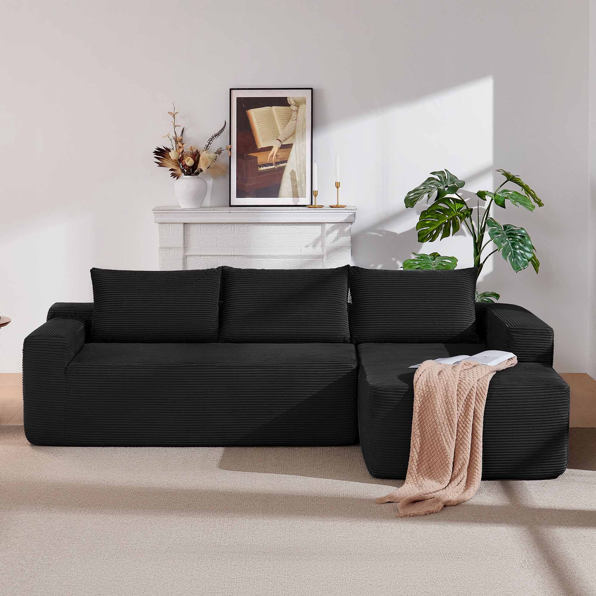 Lunale L-Shaped Modular Sectional Sofa with Movable Chaise, 3-Seater Boneless Cloud Couch for Living Room, Black (Right Facing Chaise)
