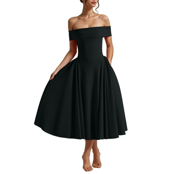 QIJIE Cocktail Dresses for Women's Elegant Off Shoulder Short Sleeve Swing A Line Wedding Evening Party Midi Dress Black S