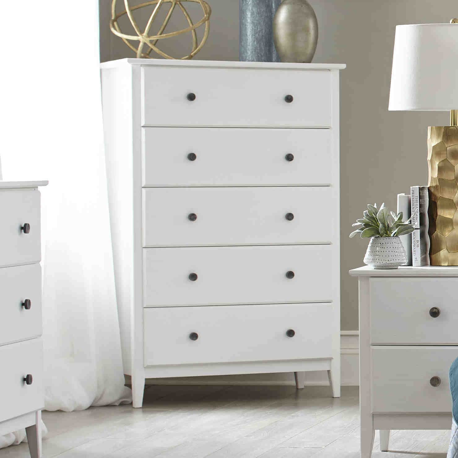 Grain Wood Furniture Greenport 5-Drawer Chest, Solid Wood with Brushed White Finish