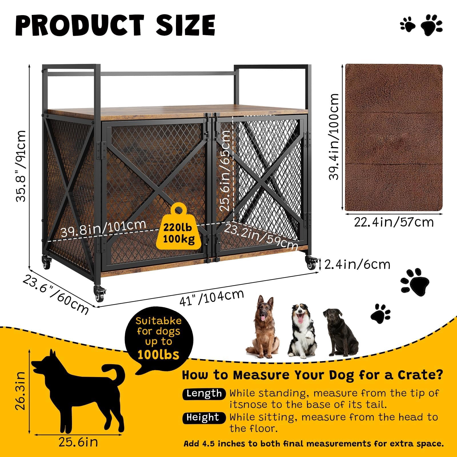 Yeshouse 41 Inch Furniture Style Dog Crate with Lockable 360° Wheels -End Table House Pad for for Small Medium Large Dog, Heavy Duty Dog Kennel Indoor, Jaula para Perros