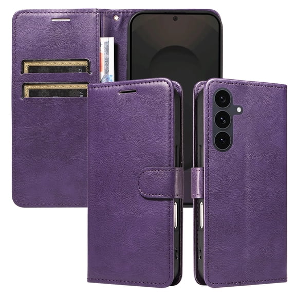 Wallet Case for Samsung Galaxy S24 FE with Card Holder & Wrist Strap & Magnetic Clasp, Premium PU Leather Folio Kickstand Cover Soft Silicone Shockproof Case for Samsung Galaxy S24 FE, Purple