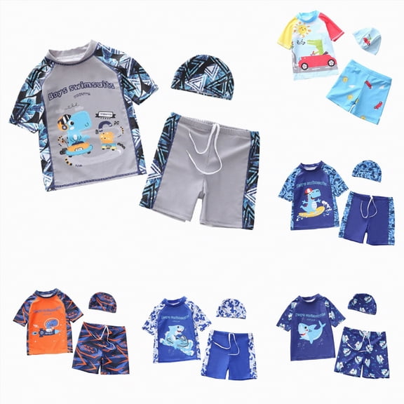 YDFCWXW Baby Toddler Boys Swim Set - 3 Piece Swim Trunks and Boys Rash Guard Short Sleeve Kids Swimwear with Swim Caps (Black, XXL)