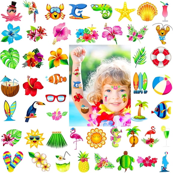 24 Sheets Tropical Temporary Tattoos for Kids Adults, Hawaiian Luau Themed Fake Tattoos for Summer Beach Pool Party Birthday Party Favors Gift Bags Filler