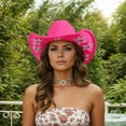 thumbnail image 4 of HJYCHN Sparkling Rhinestone Western Cowboy Hat Elegant Wide Brim Design For Party Wedding And Events Hot Pink One Size, 4 of 5
