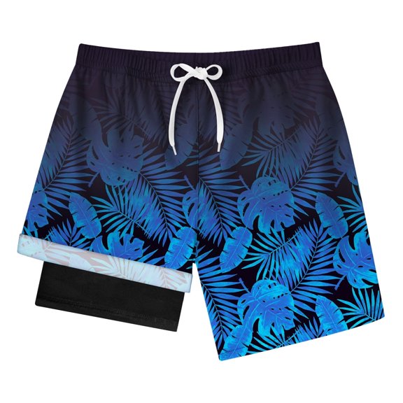 Actgleam Boys Swim Trunks Swim Shorts with Compression Liner Bathing Suit Swimsuit for 8-14 Year,Navy Blue Leaves