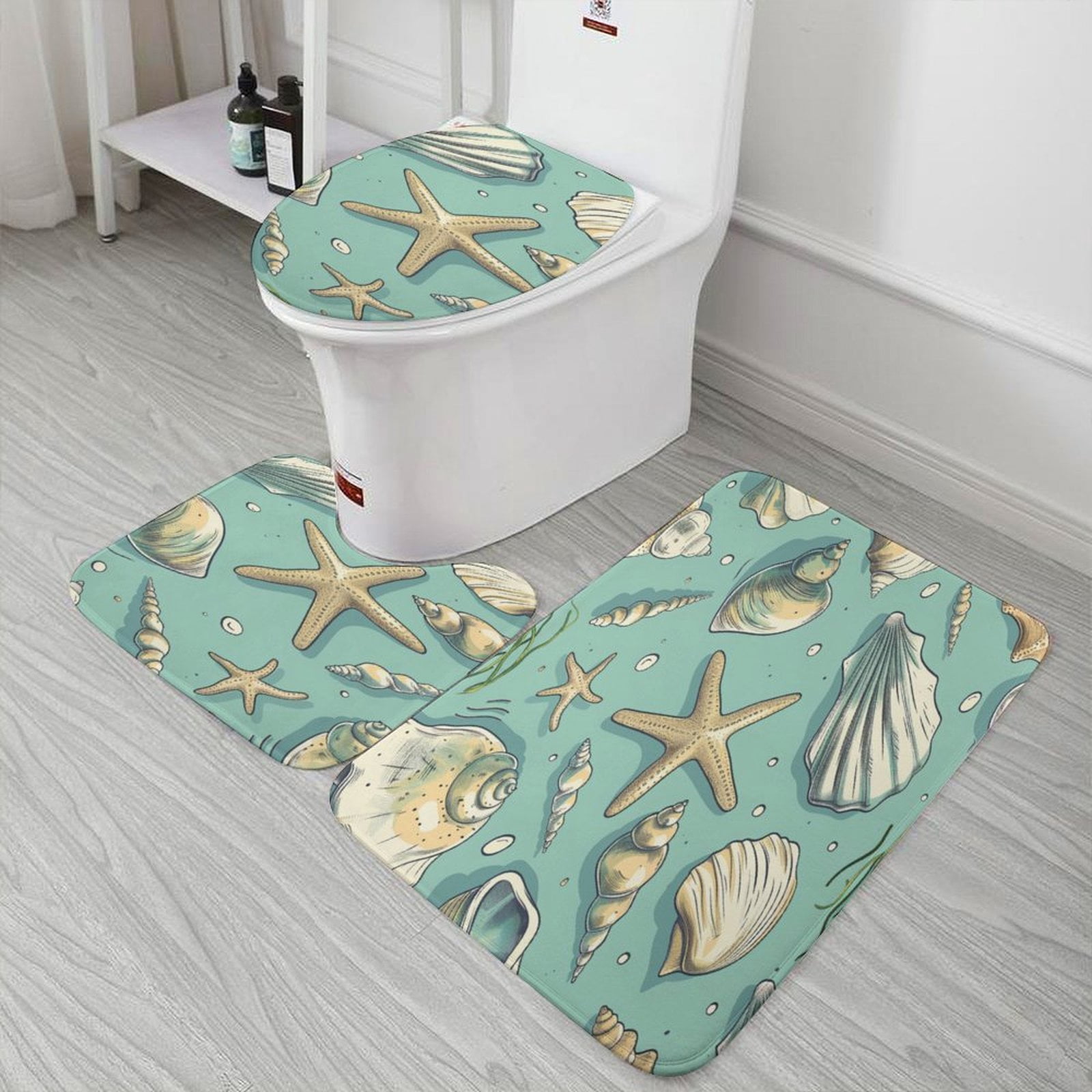 Beach Seashell Starfish 3 Piece Bath Rugs Mat Set, Flannel Mats, Machine Washable Carpets Mat for Bathroom Kitchen, Tub Toilet Contour Mat Lid Cover