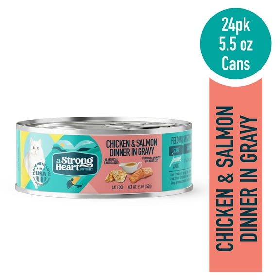 A Strong Heart Canned Wet Cat Food, Chicken & Salmon Dinner in Gravy - 5.5 oz Cans (Pack of 24), Made in The USA with Real Chicken & Salmon
