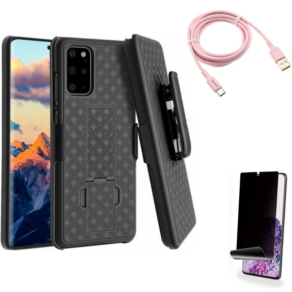 Privacy Screen Protector w 6ft USB-C Cable w Case Belt Clip for Samsung Galaxy S20 Plus - TPU Film [NOT GLASS] [Fingerprint Works], Pink Charger Cord Power, Holster Swivel Cover fits Galaxy S20 Plus