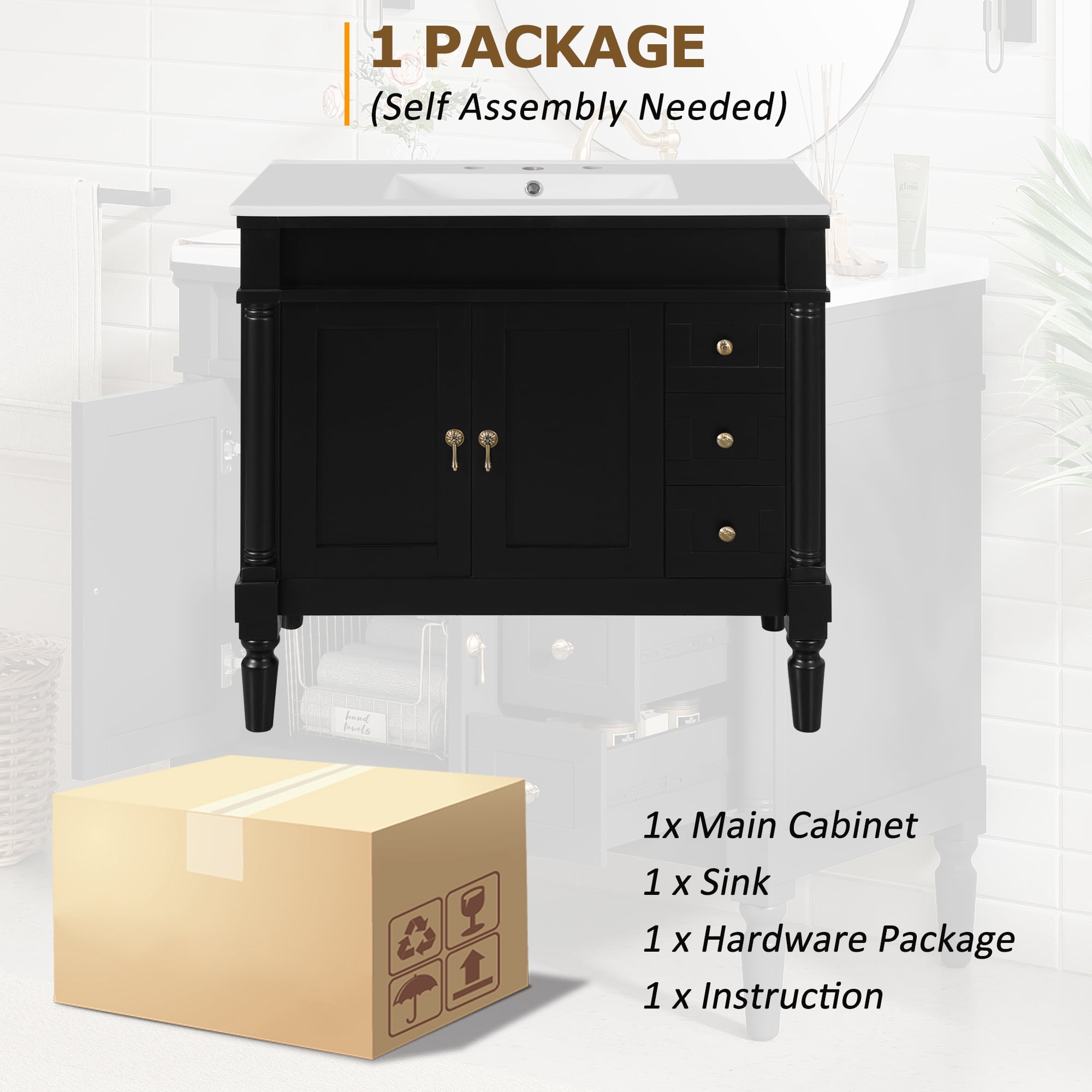 Euroco 36" Bathroom Vanity with Ceramic Sink, Soft Close Doors, Adjustable Shelves, Modern Storage Cabinet for Small and Medium Bathrooms