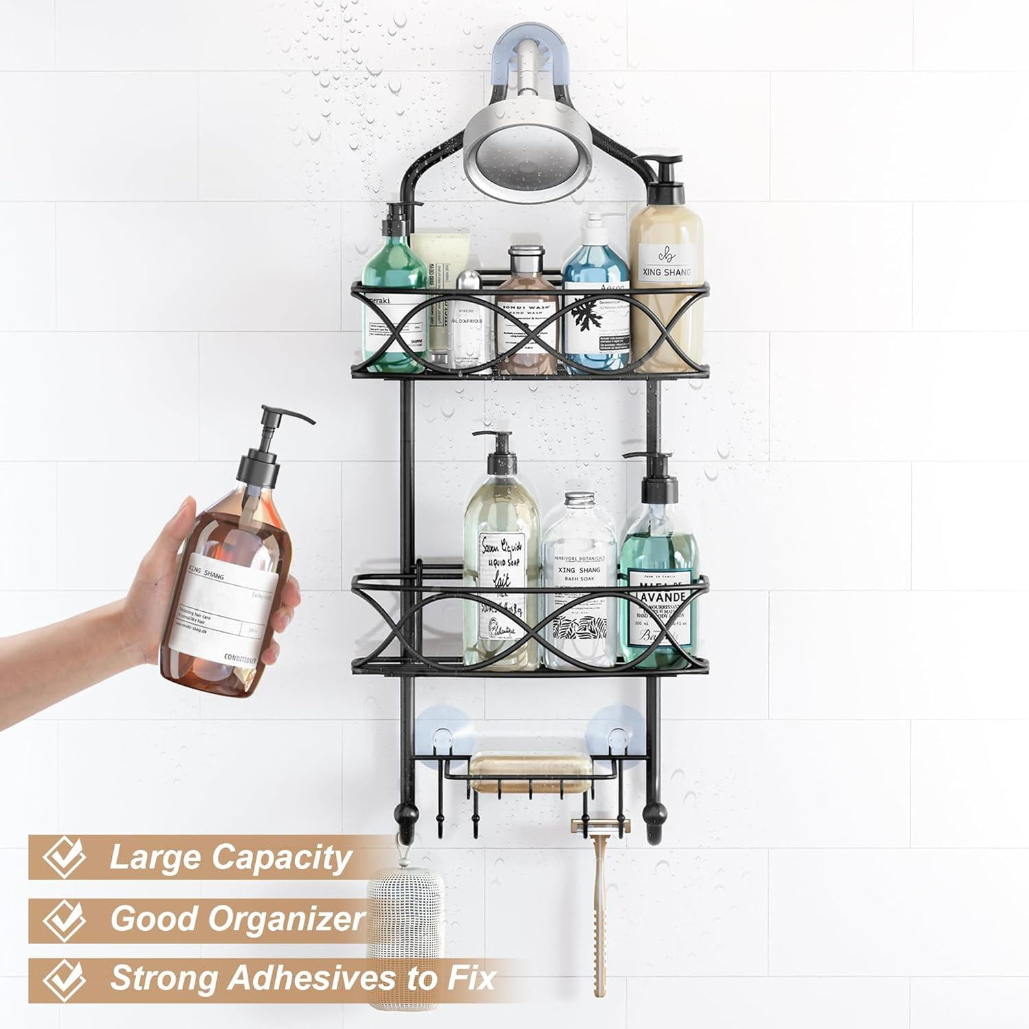 Granny Says Rust Resistant 3-Shelf Steel Suction Cups Bathroom Corner Shower Caddy, Black