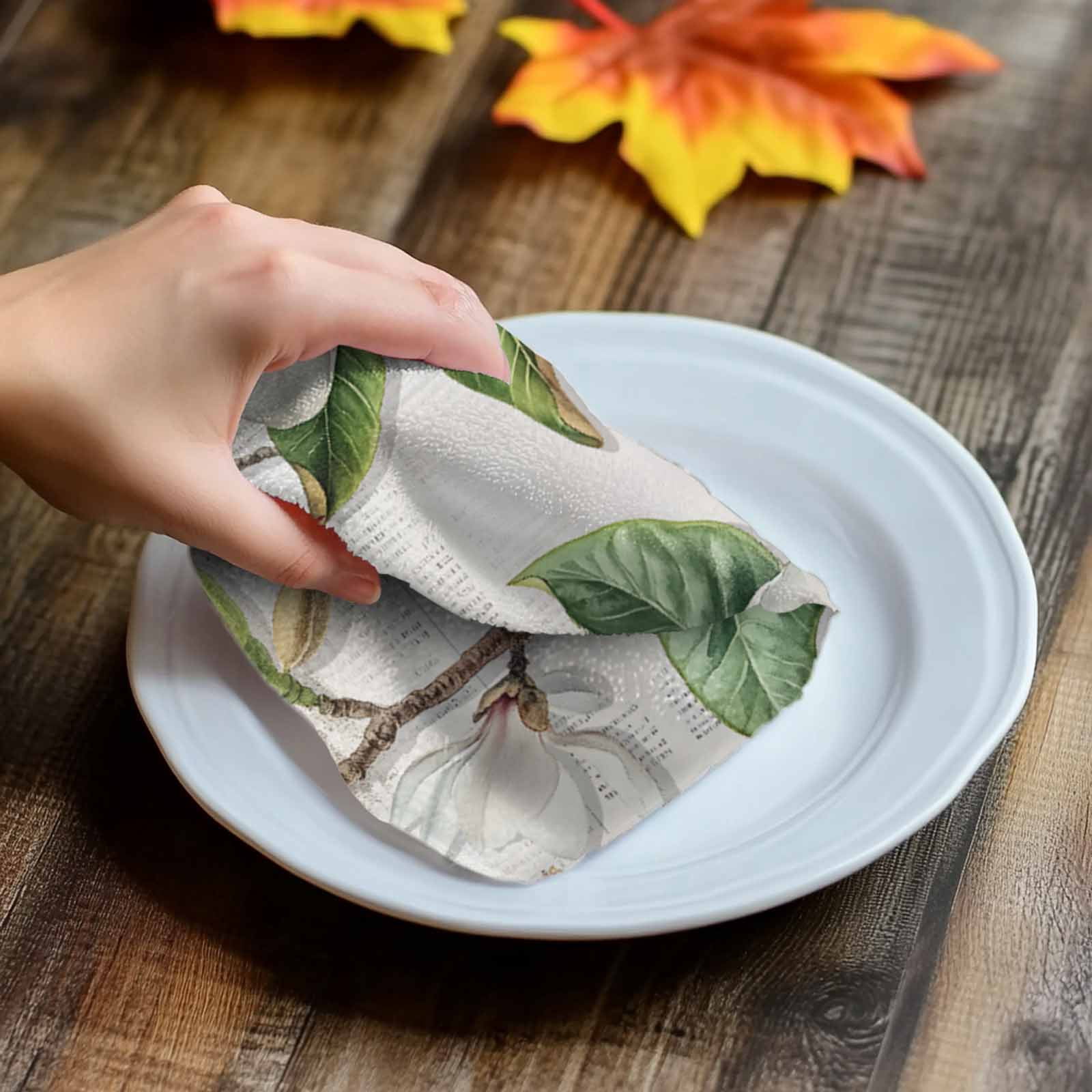 Flowers Leaves Kitchen Towel Dish Cloths Set of 3, Microfiber Soft Kitchen Hand Towels, Farmhouse White Botanical Magnolia Retro Absorbent Quick Drying Dishcloths 18 x 28 Inches