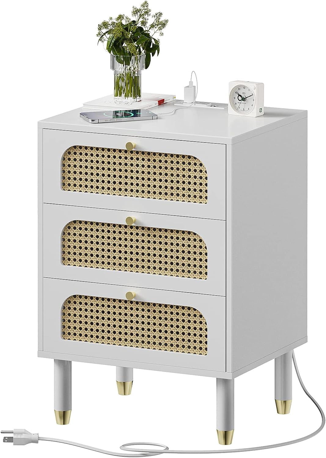 UBesGoo Rattan Nightstand with Charging Station, 27" Tall White Nightstand with 3 Drawers for Bedroom, Boho Mid Century Modern End Table/Side Table/Bedside Table (White, 1 Pack)