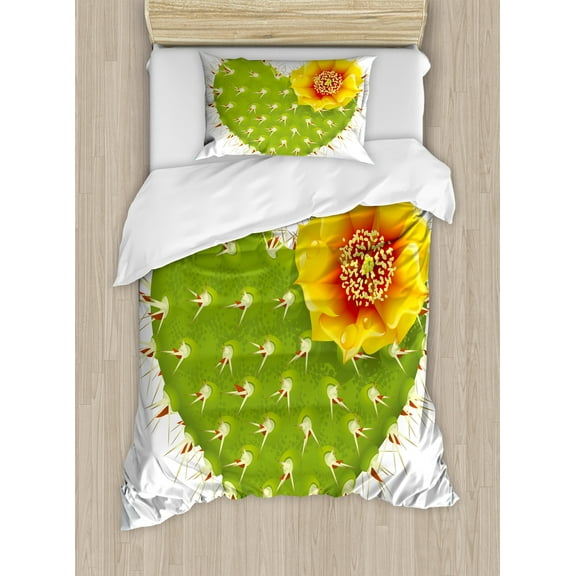 Cactus Duvet Cover Set, Thorny Cacti in the Shape of Heart and Yellow Flower Opuntia Spikes, Decorative 2 Piece Bedding Set with 1 Pillow Shams, Twin Size, Green Yellow Orange, by Ambesonne