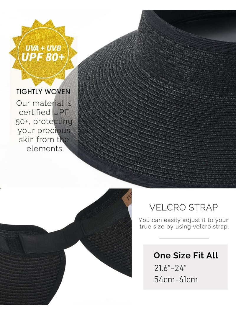 Wide Brim Straw Visor Hat Foldable Packable UPF80+ Sun Protection Beach Amazon.com: Camptrace Sun Visors for Women Wide Brim Beach  main image 3