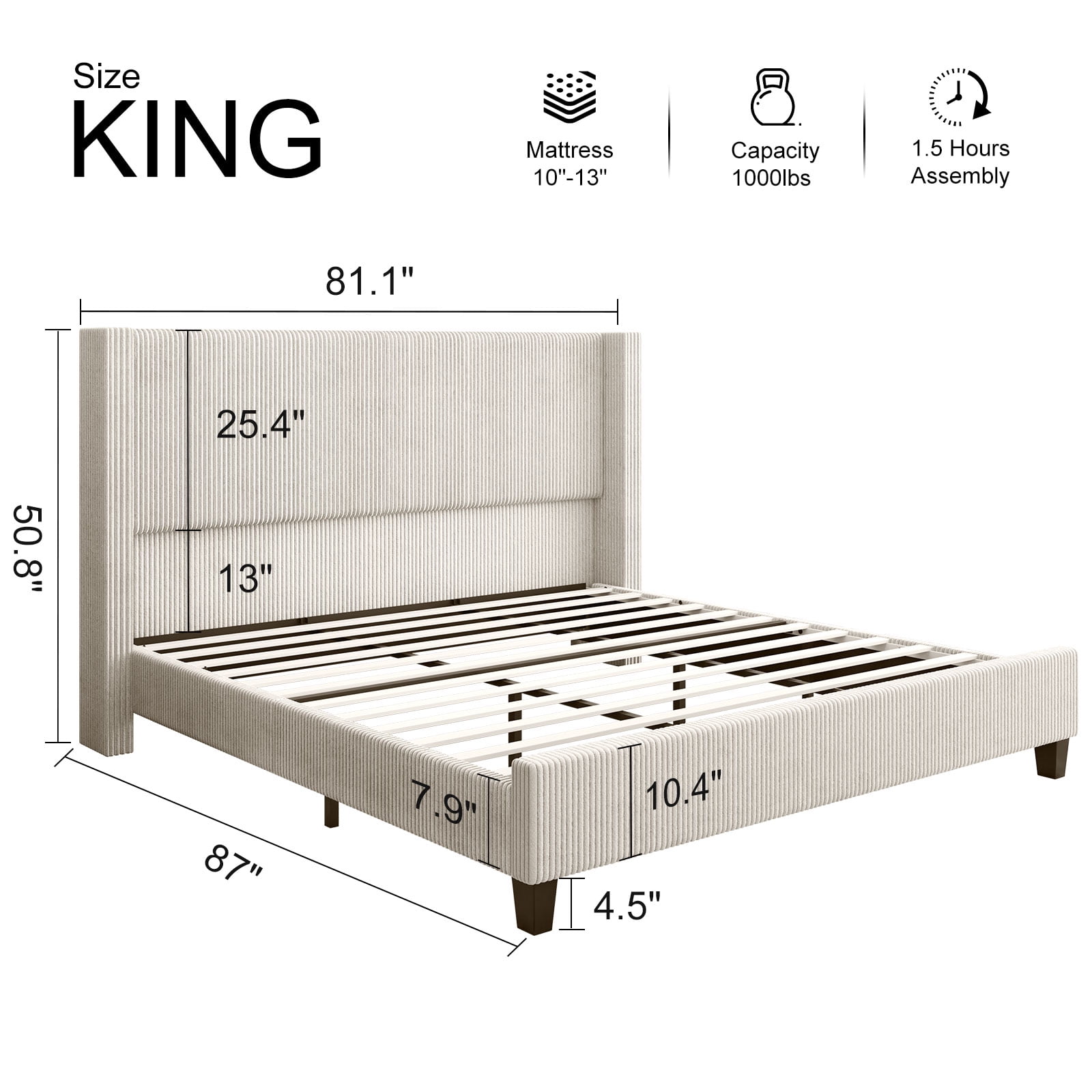 VanAcc King Size Upholstered Platform Bed Frame, Wingback Bed with 50.8" Headboard, Corduroy