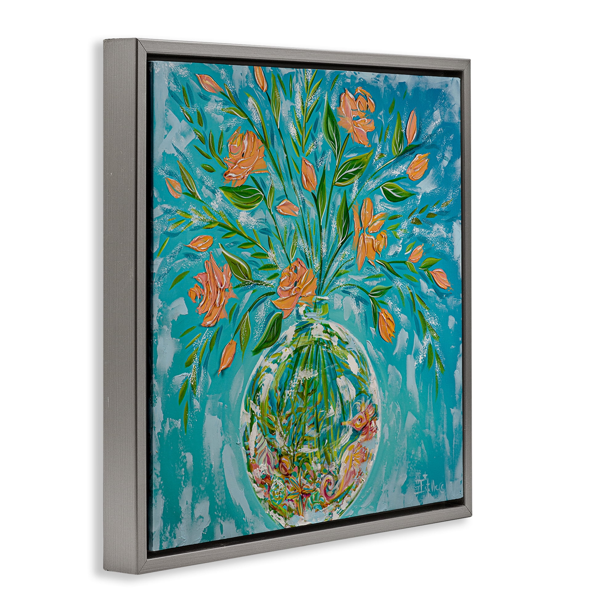Stupell Industries Seahorse Fish Bowl Bouquet Nautical & Beach Painting Gray Floater Framed Canvas Art Print Wall Art, 25 x 25