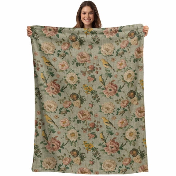 Vintage Spring Floral Blanket Soft Cozy Warm Throw Blanket for Couch, Plush Fuzzy Flannel Fleece Blankets for Sofa, Farmhouse Flowers Green Vintage Bed Blankets Lightweight Gifts for Women, 40"x60"