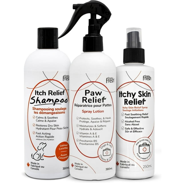 Dog Itch Relief Shampoo by EnviroFresh, Skin Relief Spray, and Paw Relief Lotion for Dogs & Pets arranged side by side. The shampoo contains oatmeal and cucumber to soothe dry, itchy skin, the paw lotion is enriched with shea butter and vitamin E for cracked paw pads, and the skin relief spray uses tea tree oil and chamomile for hot spots and inflammation. Made in Canada, these natural products are ideal for sensitive skin and anti-itch care for dogs.
