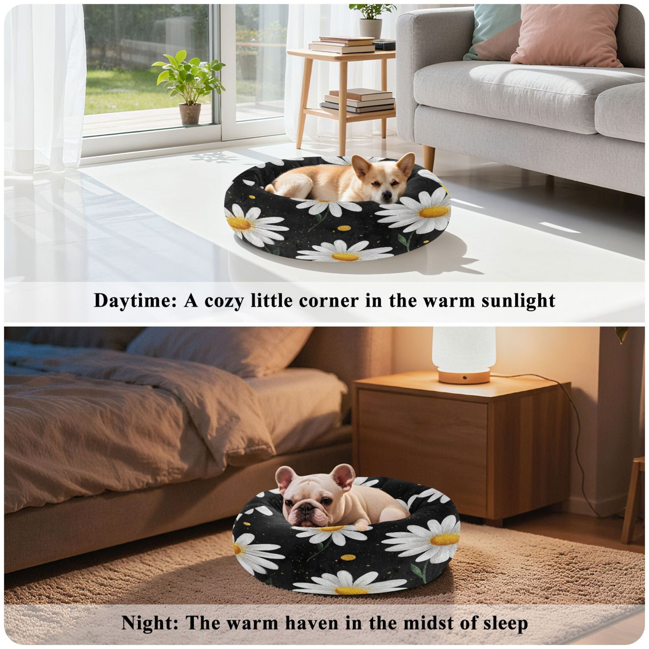 Iauyy Pet Couch Donut Cat Bed for Indoor Cats/Small Dogs Washable & Machine with Non-slip Bottom Calming Cat Furniture, The Artistic Daisy (M)