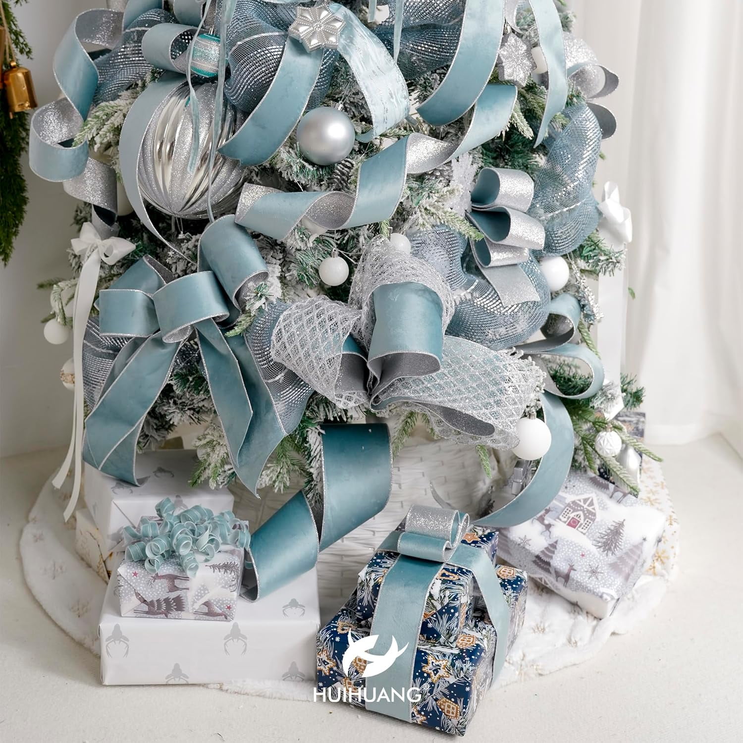 Christmas Velvet Wired Ribbon 4 inch Dusty Blue Velvet with Silver Glitter Wired Ribbon for X-mas Trees Decoration, Large Bows, Holiday Crafts, Wreaths Supplies- Continuous 10 Yards