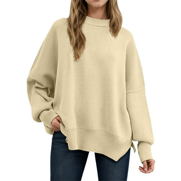 DuoJiaJ Women's Oversized Knit Sweater Casual Long Sleeve Pullover Tunic Top Soft Comfortable Winter Fall Fashion Loose Fit Round Neck Split Hem Crewneck Sweater Beige XL